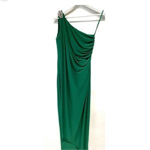 Ralph Lauren Evening Formal Dress Emerald Green One Shoulder Side Slit Brooch